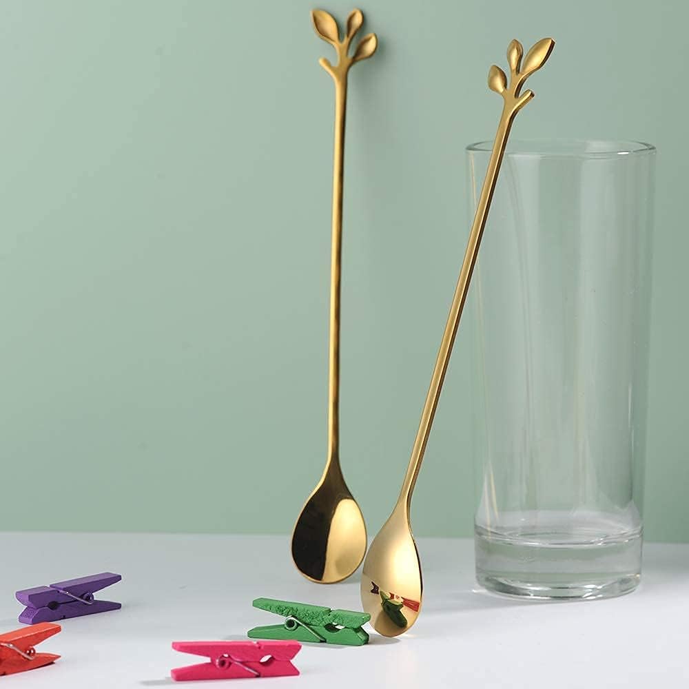 AnSaw 6-Piece Elegant Gold Leaf Long Handle Teaspoons - 7.4" Stainless Steel Stir Spoons for Coffee & Tea, Perfect for Mixing & Stirring