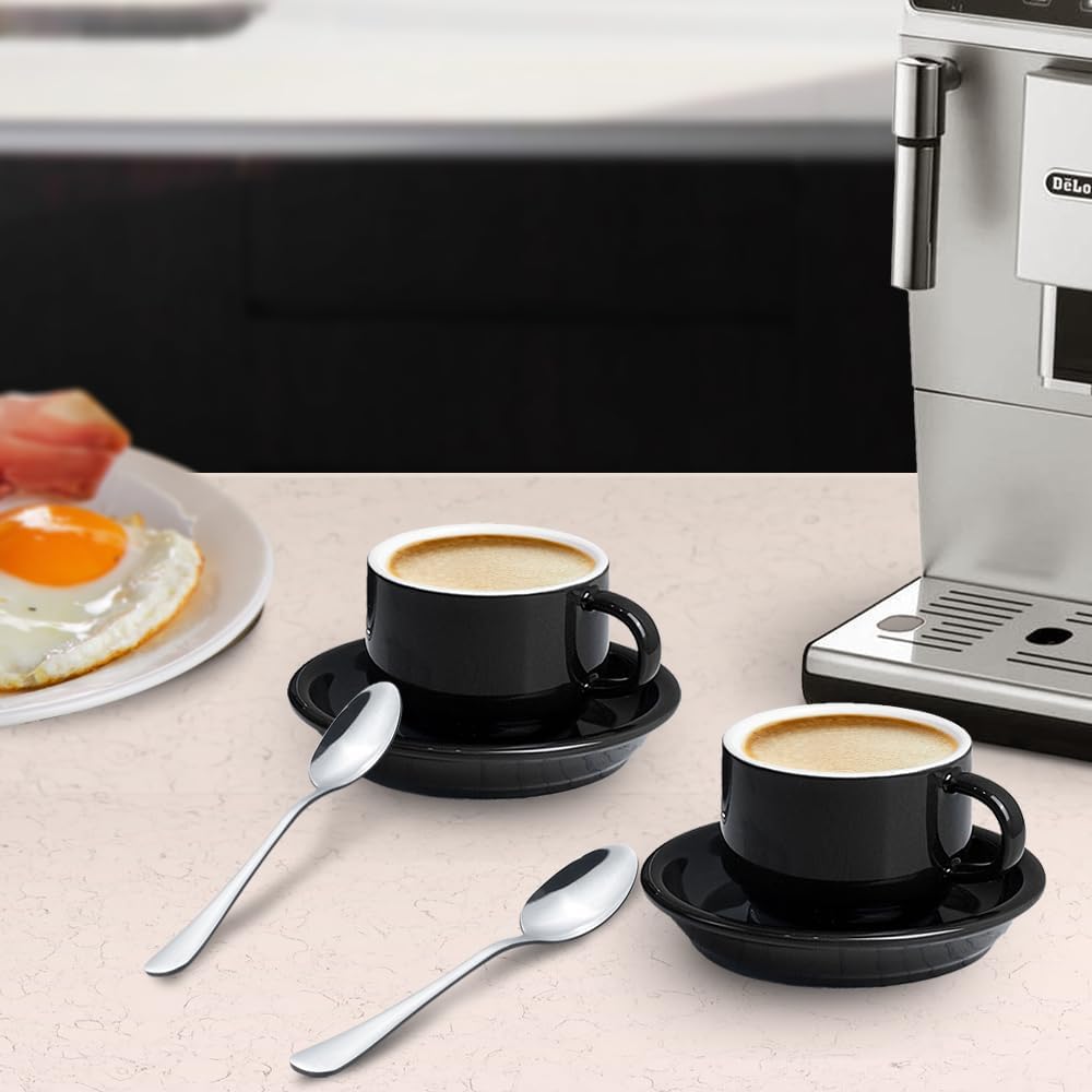 homEdge Premium Espresso Shot Cups and Saucers Set with Espresso Stainless Steel Spoons - 2.5 oz, Set of 4, Black