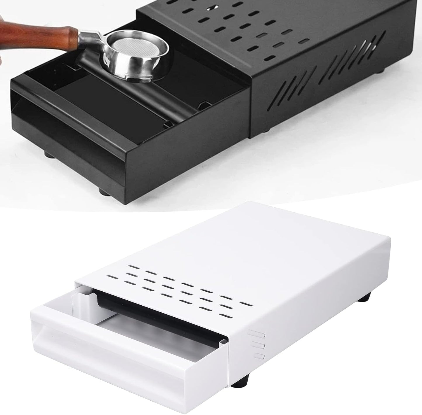 Coffee Knock Box Drawer, Stainless Steel Espresso Knock Box with Six Non Slip Feet, Removable Rubber Lever, Coffee Ground Container, for Household Shop (White)