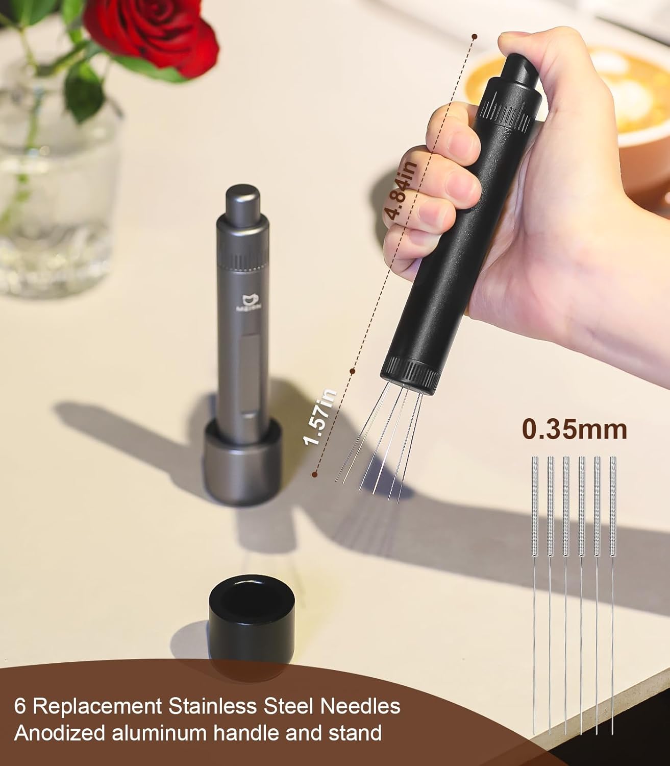 MEION Retractable WDT Espresso Distribution Tool Espresso Stirrer Tools, 0.35mm 6 Needles Coffee Distributor with Extra 6 Replaceable Needles, Espresso Machine Accessories for Barista (Black, V2)