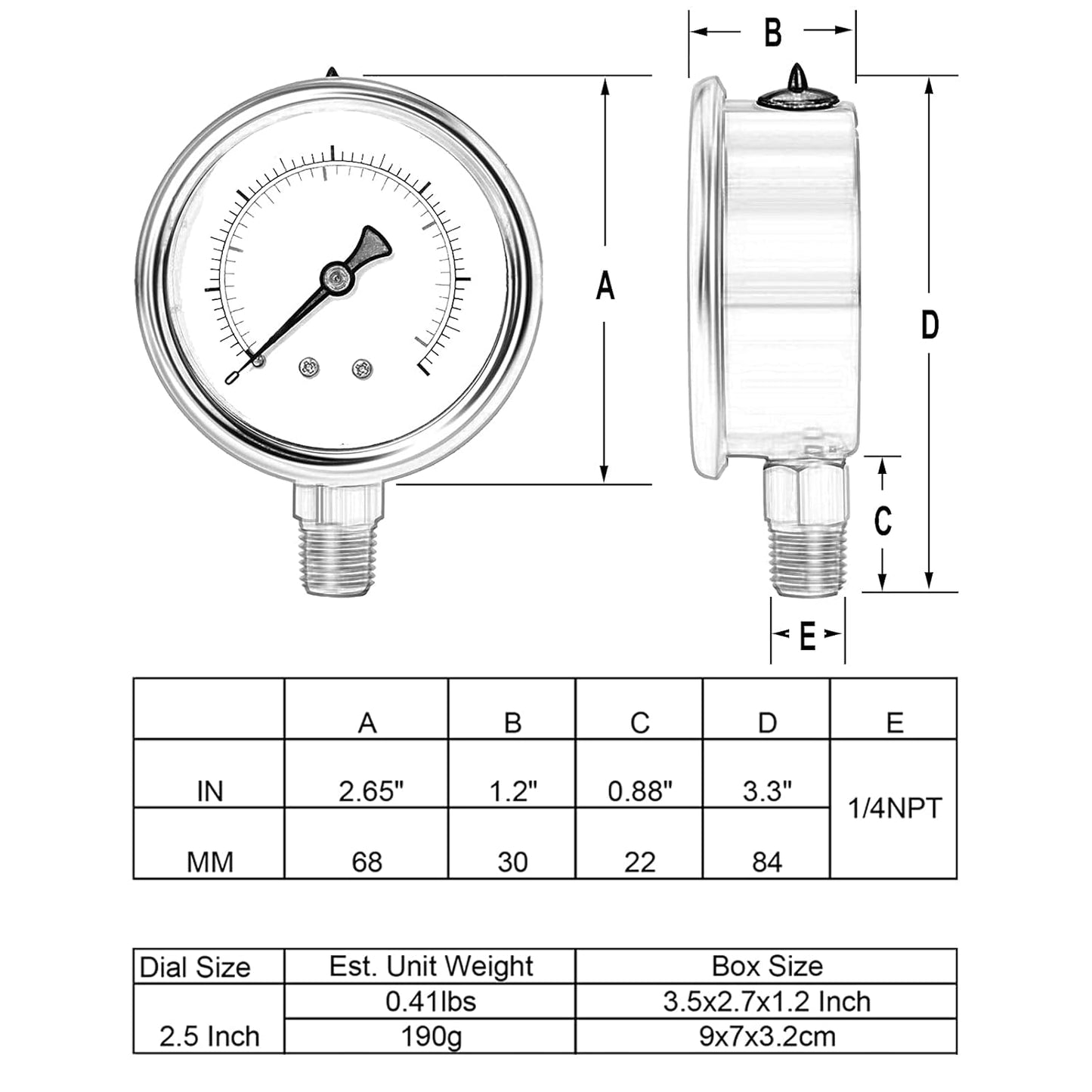 Glycerin Filled Low Pressure Gauge 30psi/2bar, Stainless Steel case, Brass Inside Construction, 2-1/2" dial, 1/4" NPT Rear Connection.