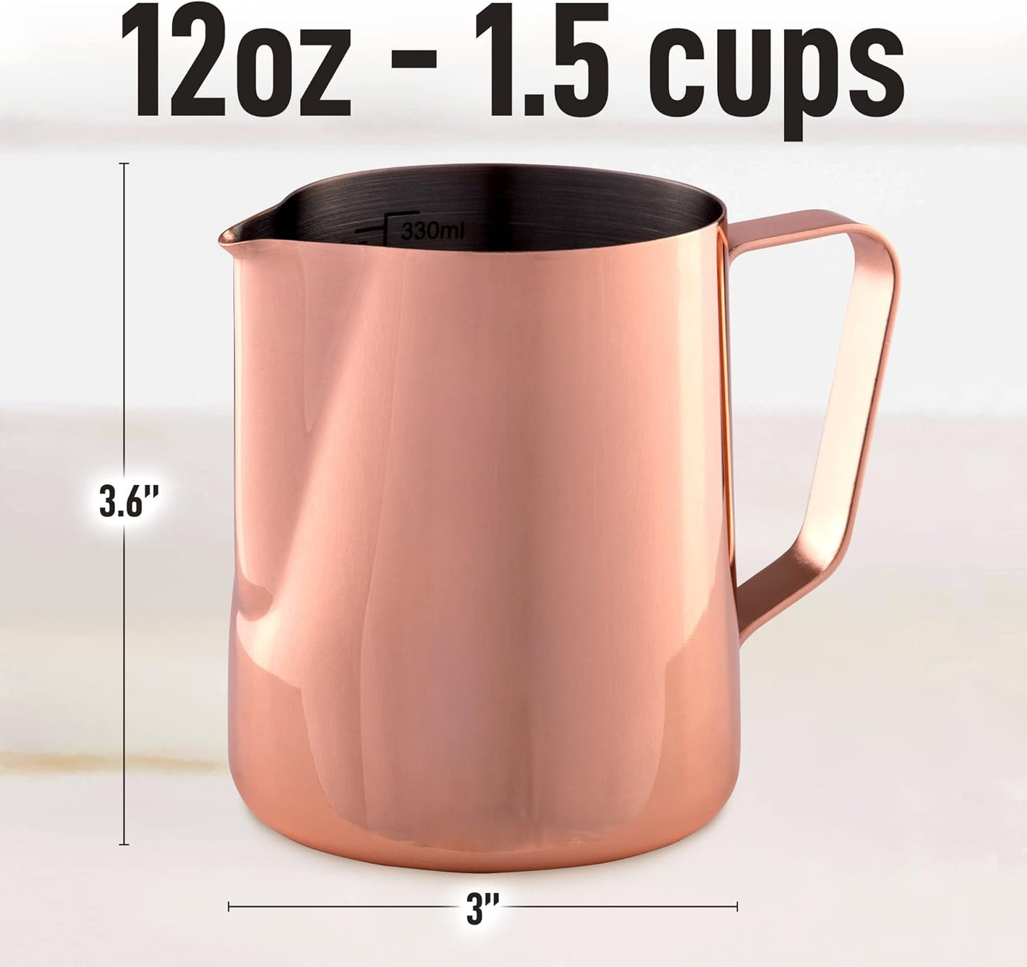 Zulay Milk Frother Cup 350ml/600ml/950ml (12oz/20oz/32oz) - Stainless Steel Frothing Pitcher With Laser-Welded Handle & Precise Measurement Markings - Rose Gold - 12oz