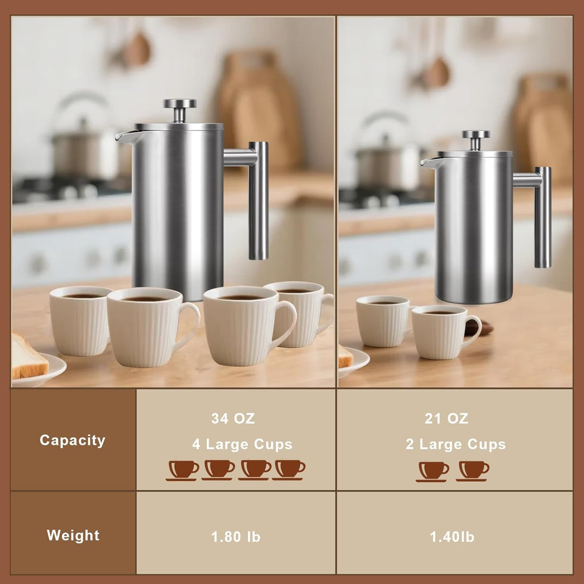 French Press 34 oz, Full Stainless Steel French Press Coffee Maker 4 Cups, Upgrated Double-Walled Insulated French Coffee Presses, Food Grade Good for Kitchen Camping, Dishwasher Safe 2 More Filters