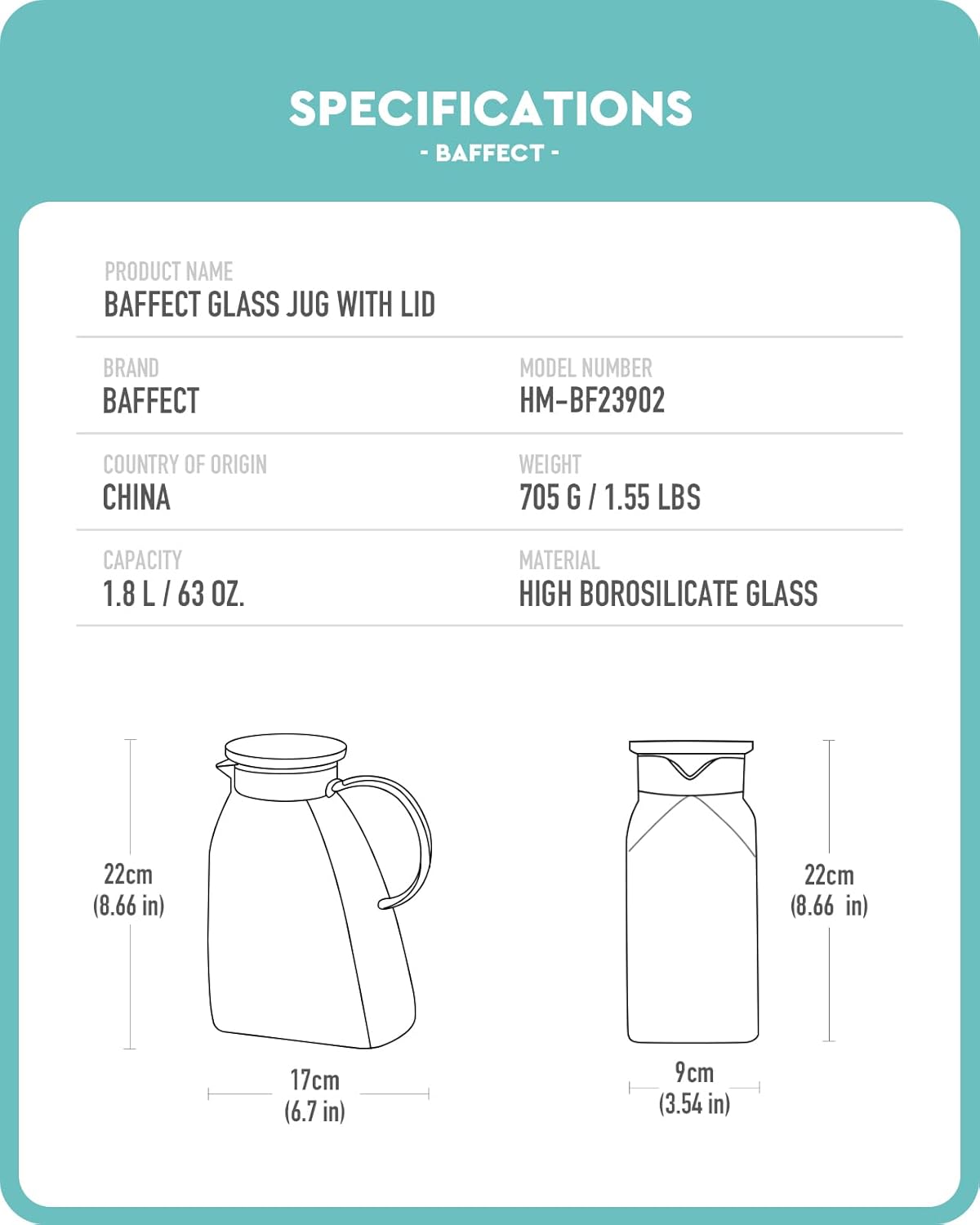 Baffect Water Pitcher, Glass Pitcher With Lid And Handle, 63 Oz / 1.8 L High Borosilicate Glass Jug For Fridge Door, Carafe For Hot/Cold Iced Tea Juice Coffee Milk Beverage (Glacier-Textured)