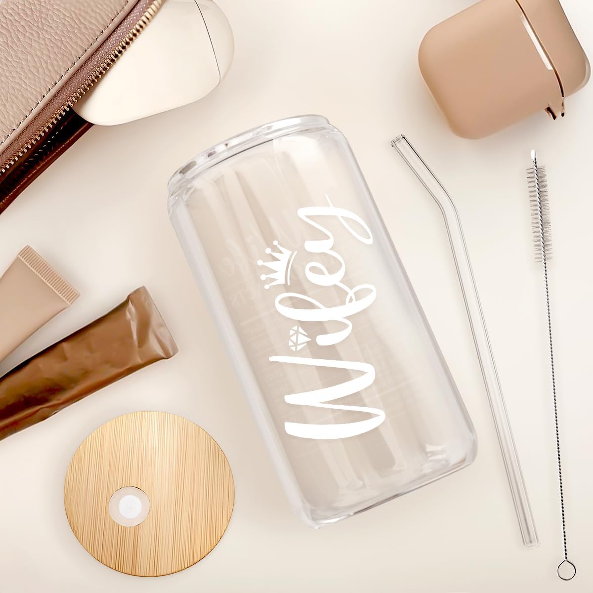 SANDJEST Wife Glass Can, Wifey Cup with Lid & Straw, Iced Coffee Aesthetic Cups, Idea Gift for Christmas Marriage Birthday Anniversary Valentine, Gifts for Women, 16oz