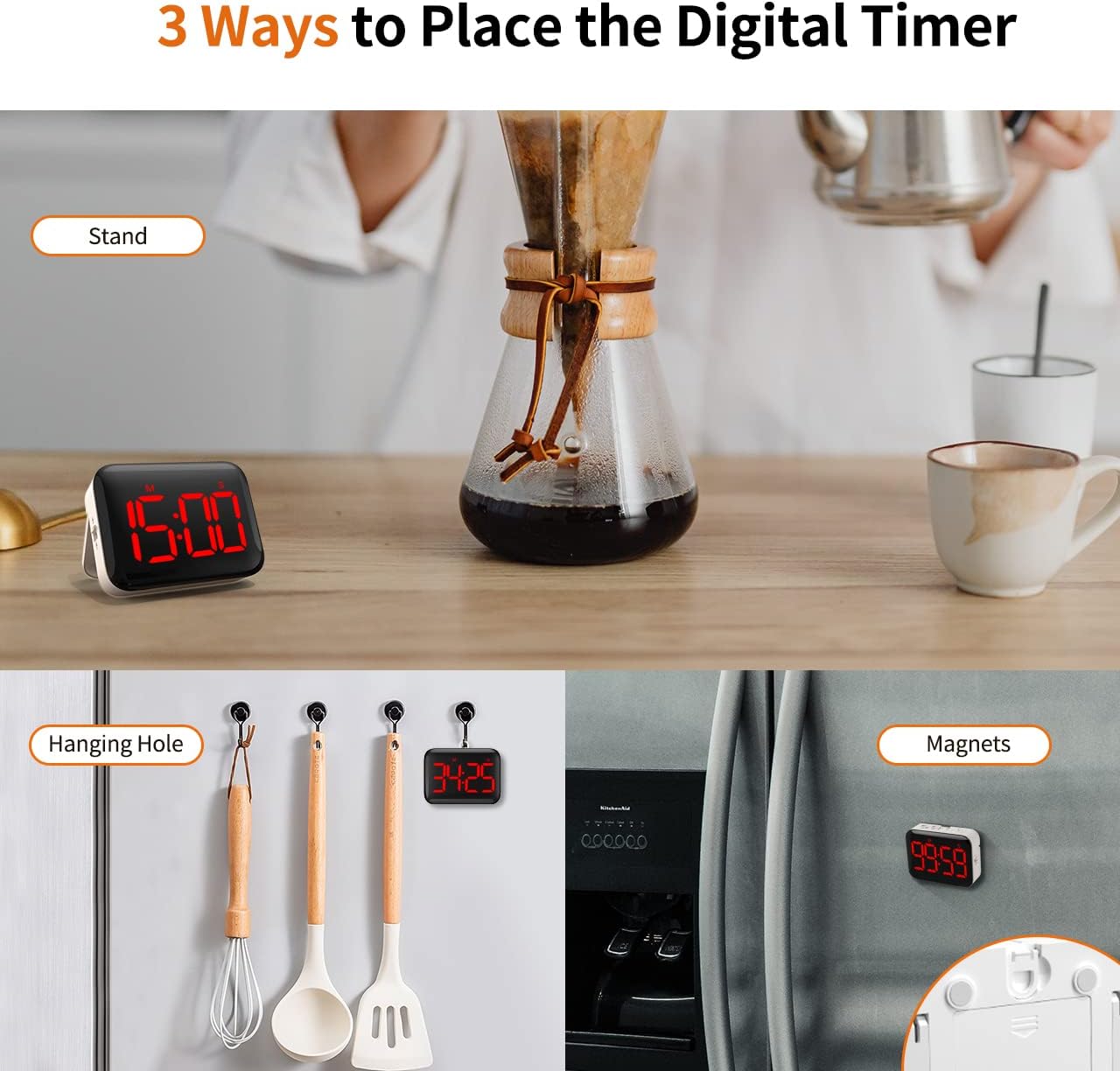 VOCOO Magnetic Kitchen Timer for Cooking with Count Up Countdown, Digital Timer Battery Powered with Large Display, 2 Brightness and Volume Levels for Classroom, Teacher, Kids (Red)