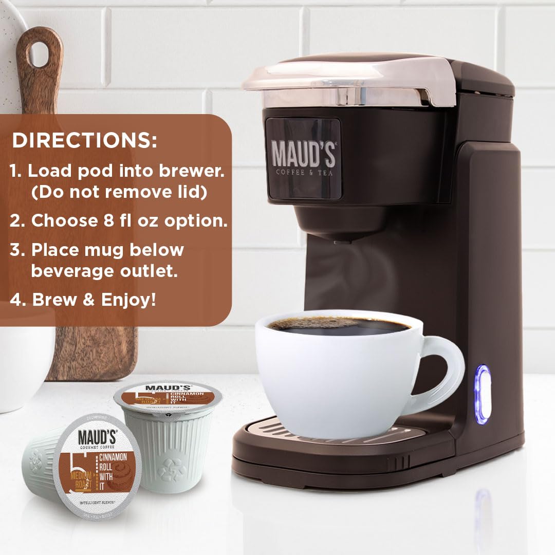 Maud's Cinnamon Roll Flavored Coffee Pods, 18 ct, Medium Roast Flavored Coffee in Recyclable Single Serve Pods – 100% Arabica Beans, Compatible with Keurig K Cups Maker