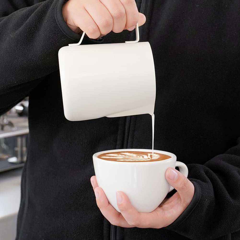 watchget Stainless Steel Milk Frothing Pitcher 12oz/350ml - Espresso Steaming Pitcher for Cappuccino, Latte Art, Coffee Machine Accessories Milk Jug Coffee Frother Cup, Creamy White