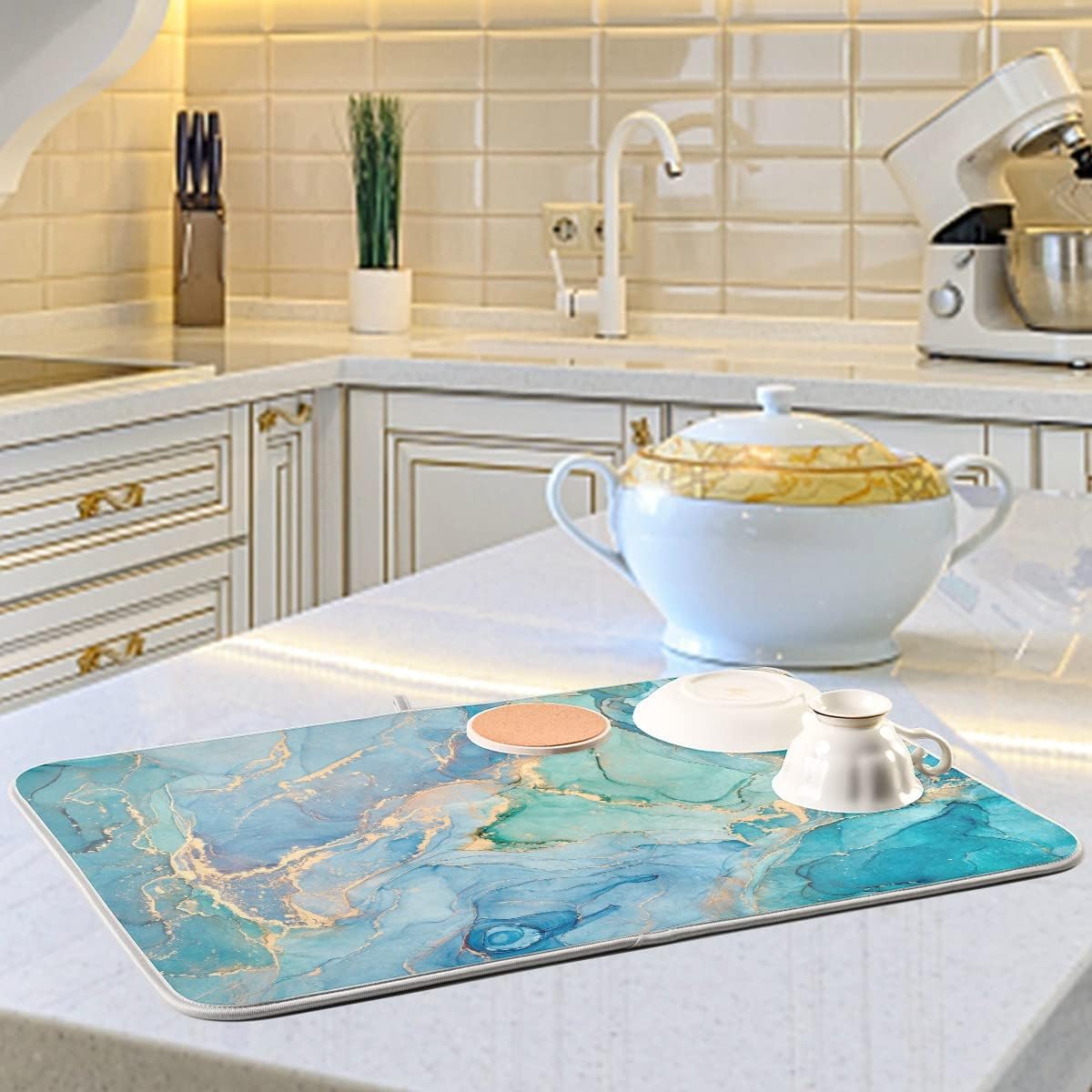 Marble Dish Drying Mat for Kitchen Counter Blue Teal Turquoise Gold Drying Mat 16 x 18 Inch with High Absorbent Reversible Microfiber Dish Drying Pad Dish Rack Pad Drainer Mat for Coffee Bar