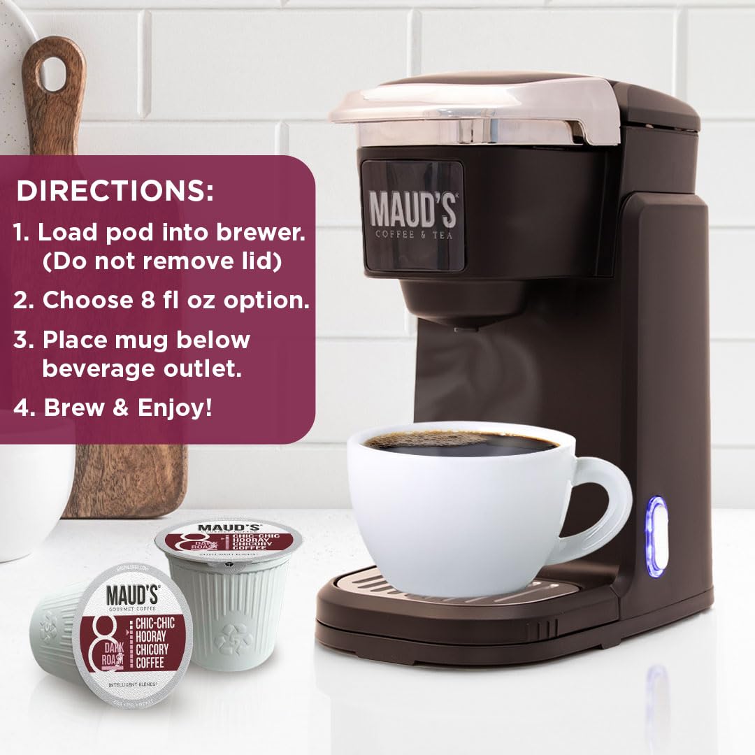 Maud's Chicory Flavored Coffee Pods, 18 ct, Dark Roast Flavored Coffee in Recyclable Single Serve Pods – 100% Arabica Beans, Compatible with Keurig K Cups Maker