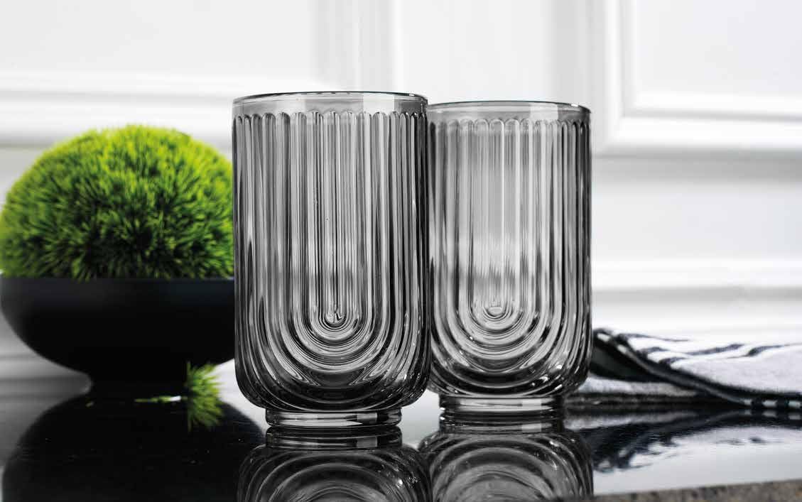 Vintage Glassware Art Deco Highball Glasses Set of 4 Smoke Ribbed Drinking Glasses 17 Oz Black U-Shape Arch Design Colored Cocktail Kitchen Tumblers