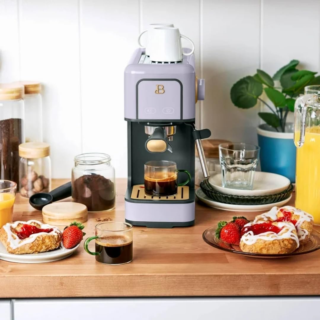 Beautiful Slim Espresso Maker by Drew Barrymore – 20‑Bar Pressure, Dual‑Spout 52 mm Portafilter, 50 oz Removable Tank, 2‑in‑1 Steam Wand & Touch Controls (Lavender)