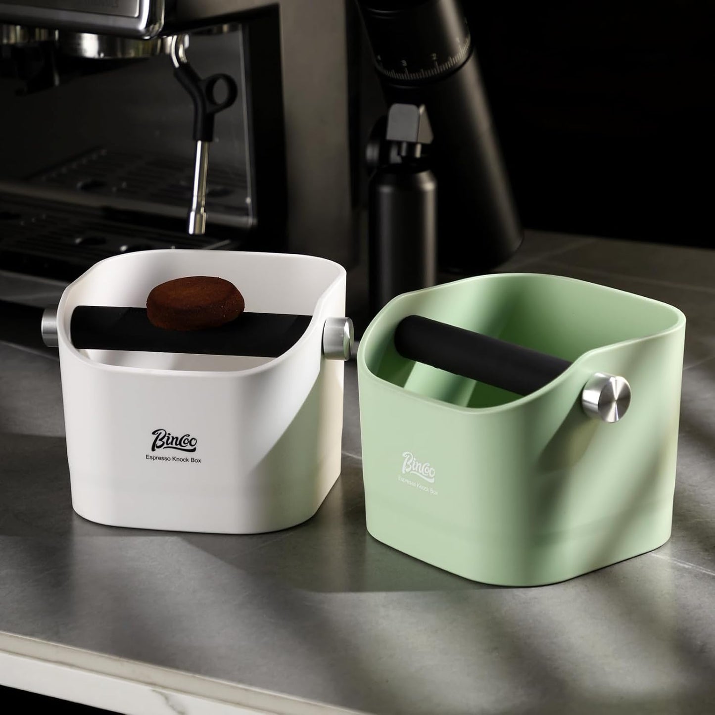 Espresso Knock Box - Bincoo Espresso Machine Knock Box/Espresso Grounds Knock Box, Barista Style Coffee Knock Box for Grounds with Removable Shock-Absorbent Knock Bar and Anti-Slip Base. (White)