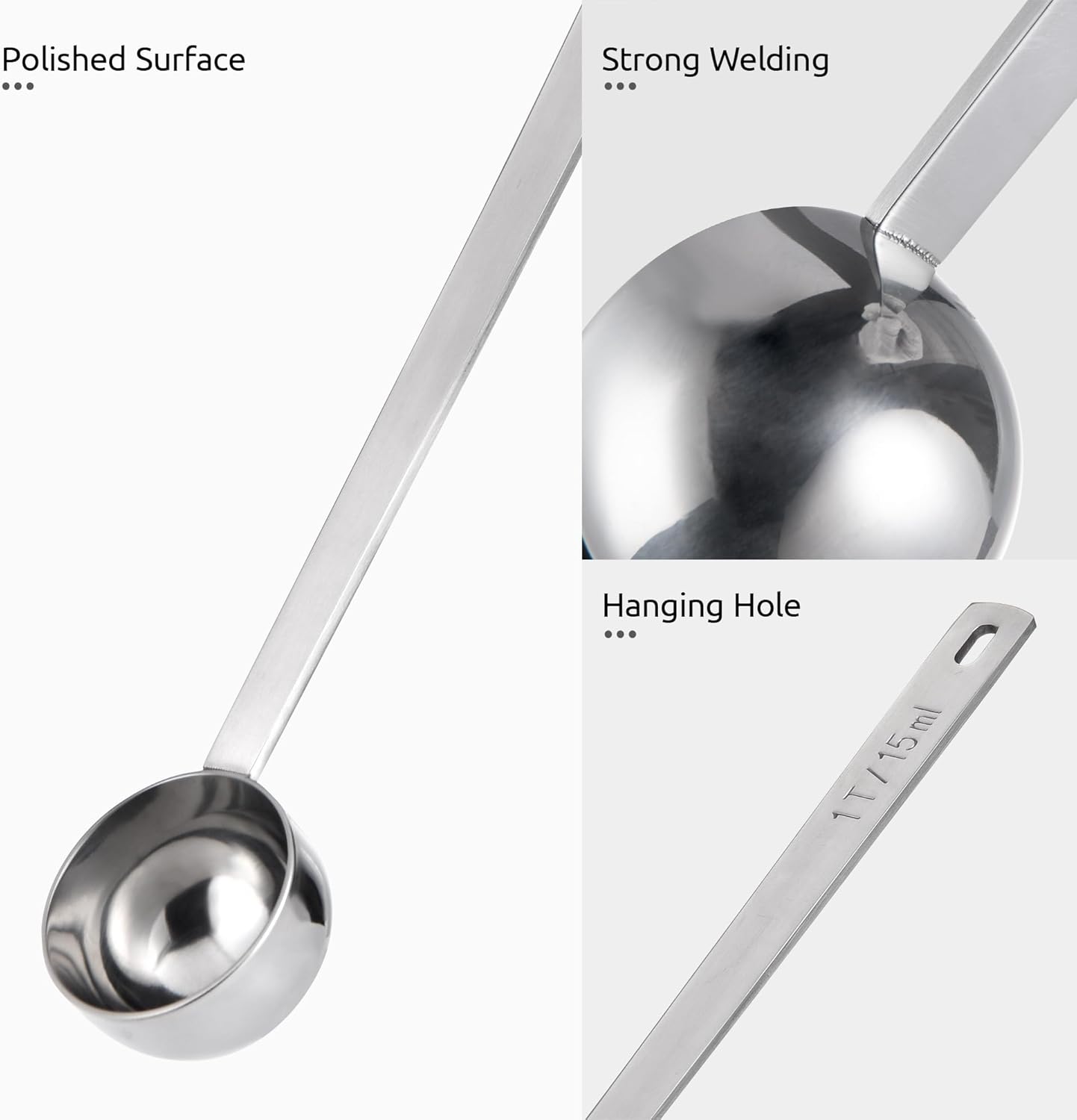 U-Taste Coffee Scoop 1 Tablespoon: 18/8 Stainless Steel Measuring Scooper for Ground Coffee, Bean, Powder, Espresso, 8.5in Extra Long Handle Metal Meaure Spoon for Canister, Jar (1Tbsp/15ml, Silver)