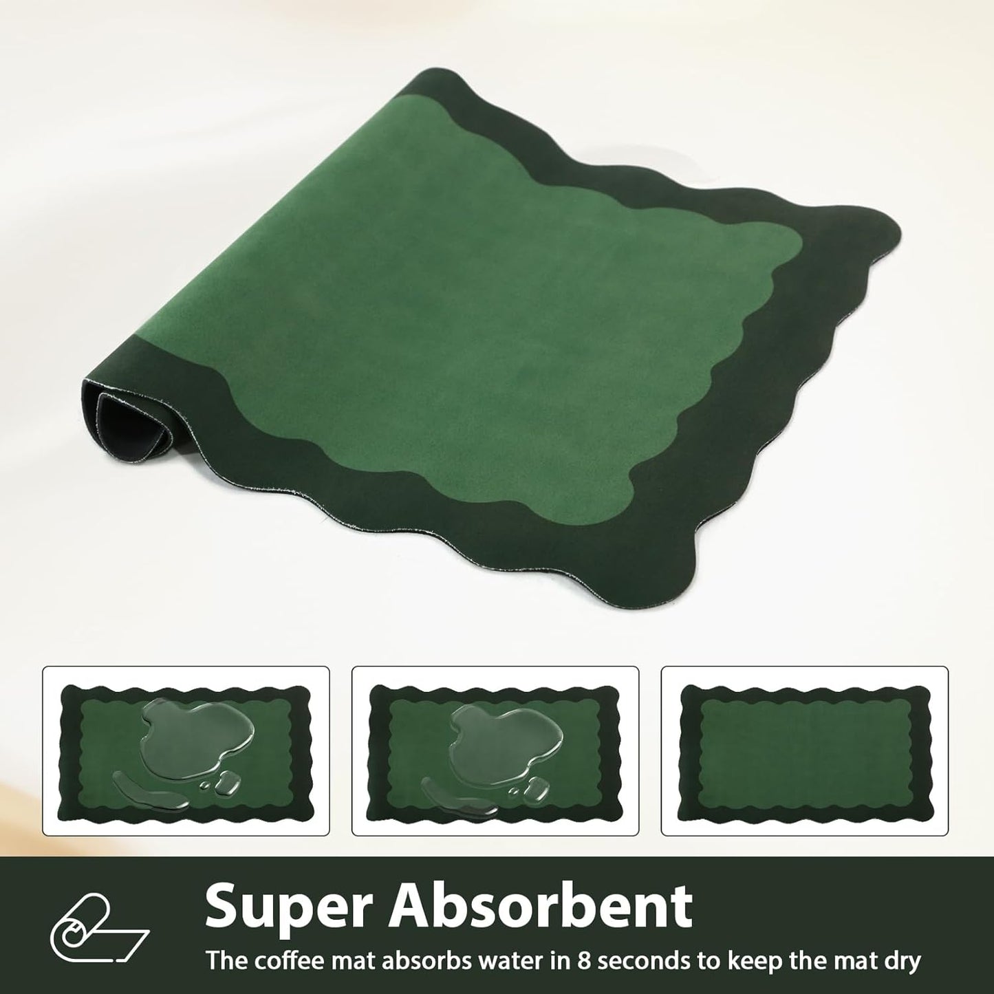 Scalloped Coffee Bar Mat for Countertop, Cute Dish Drying Mats for Kitchen Counter, Diatomite Absorbent, Kitchen Aesthetic Decor (12"x19", Green)