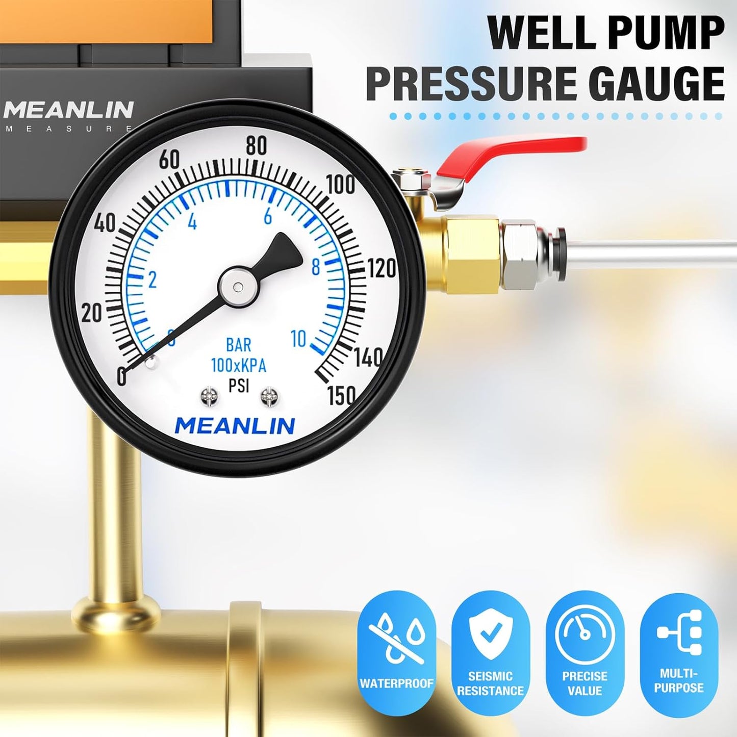 MEANLIN MEASURE 0-150Psi 2" DIAL FACE 1/4" NPT Well Pump Pressure Gauge, with 1/2" NPT and 3/8" NPT Hex Bushing, 3-2-3% Accuracy, Center Back Mount