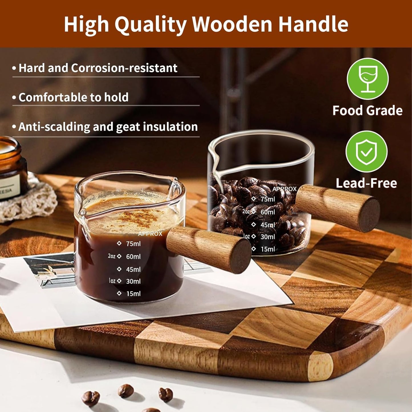 YARRAMATE 3oz Espresso Cups with Wood Handle (2 pack), Clear Glass Espresso Accessories, Double Spout Glass Measuring Cup with Dual Scale, Espresso Shot with V-Shaped Spout