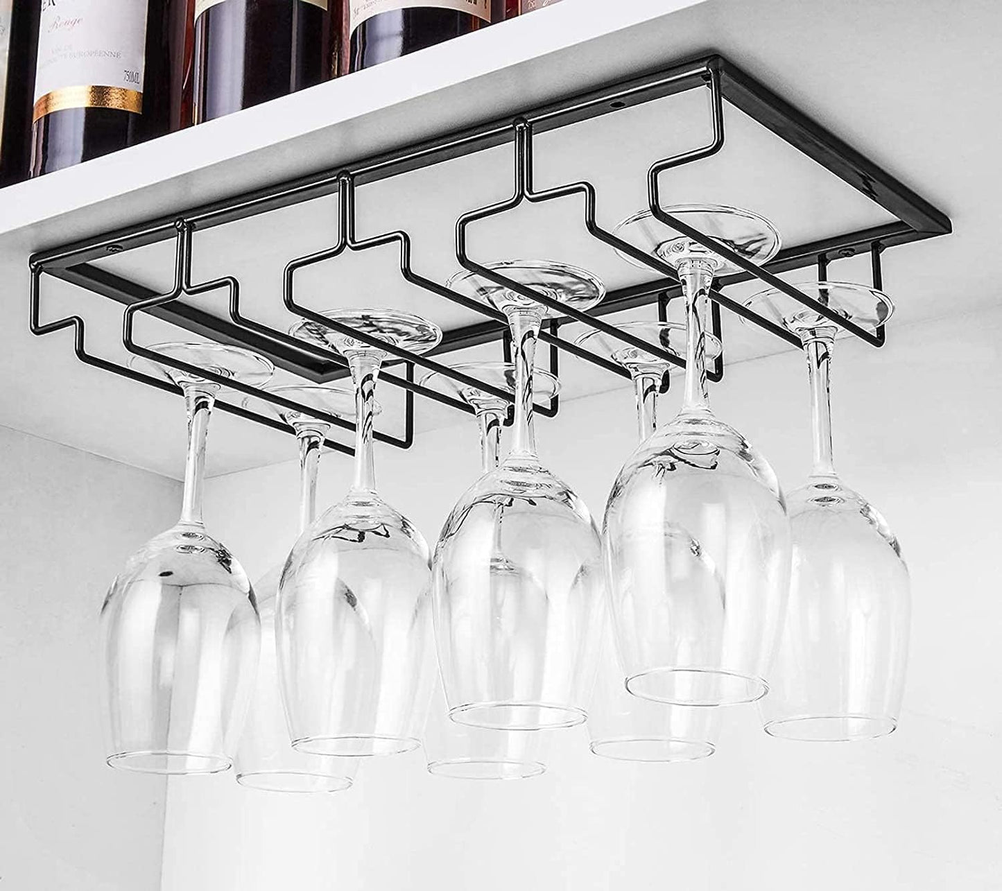 Wine Cup Holder Table Decoration Storage Hanger Metal Organizer for Bar Kitchen Stemware Rack Under Cabinet Stainless Steel Hanger Storage Shelf Black (Black, 4 Rows 1 Pack)