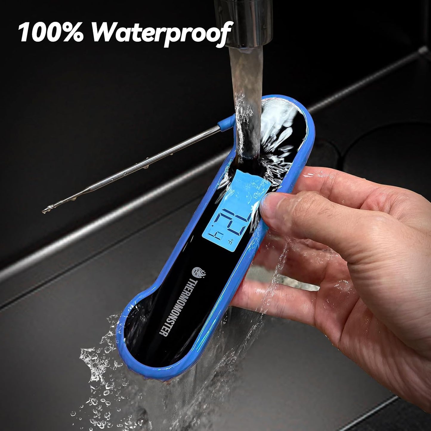 0.5 Sec Instant Read Meat Thermometer Digital with ±0.5℉ Precision, 100% Waterproof Auto Flip Bright LCD Screen, Motion Sensing Food Thermometer for Cooking Kitchen Oven Grill Candy BBQ, Blue