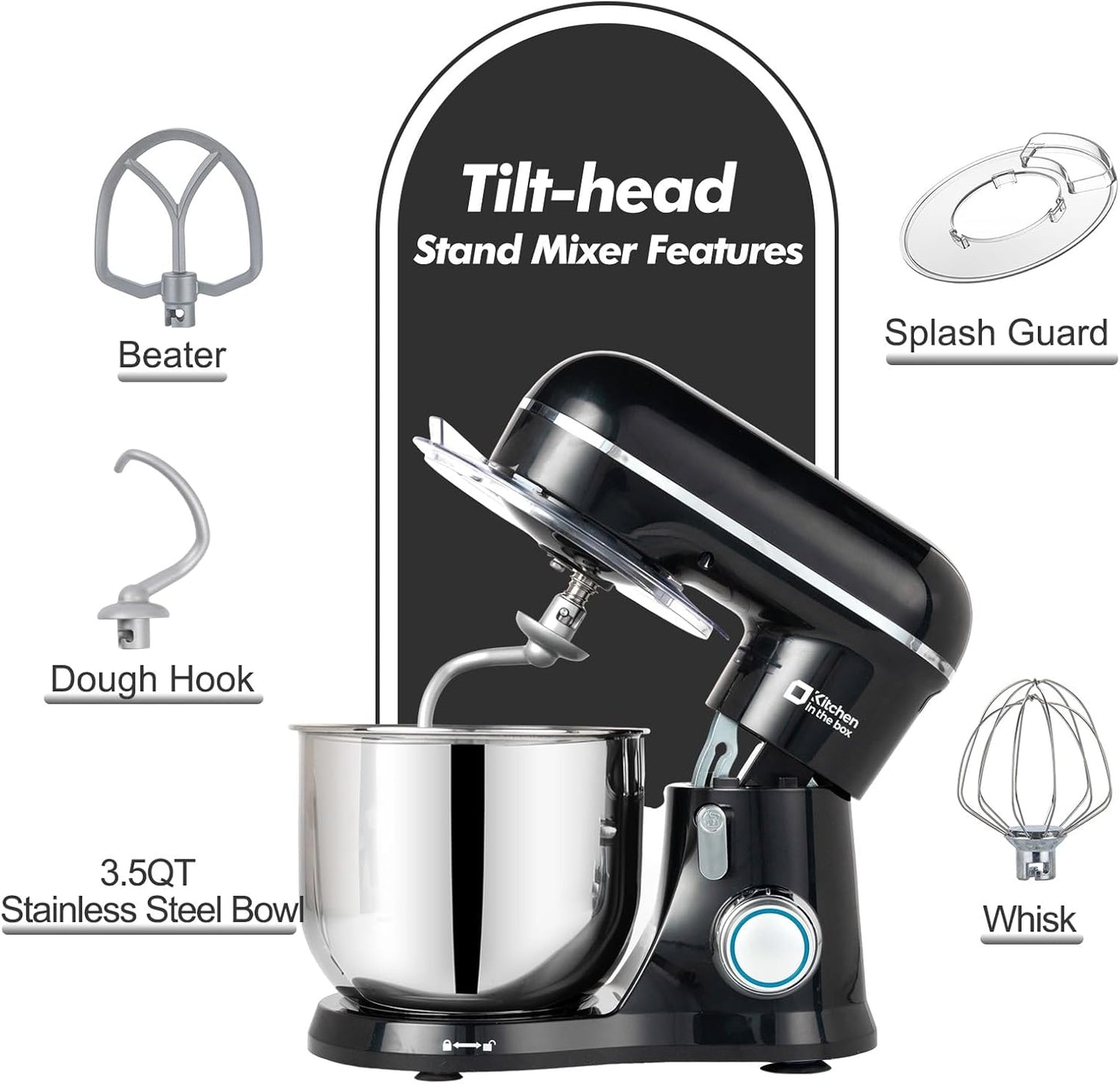 Kitchen in the Box Stand Mixer, 3.5 QT Small Electric Kitchen Mixer, 10-Speed Portable Lightweight Food Mixer with Stainless Steel Bowl, Egg Whisk, Dough Hook, Beater (Black)