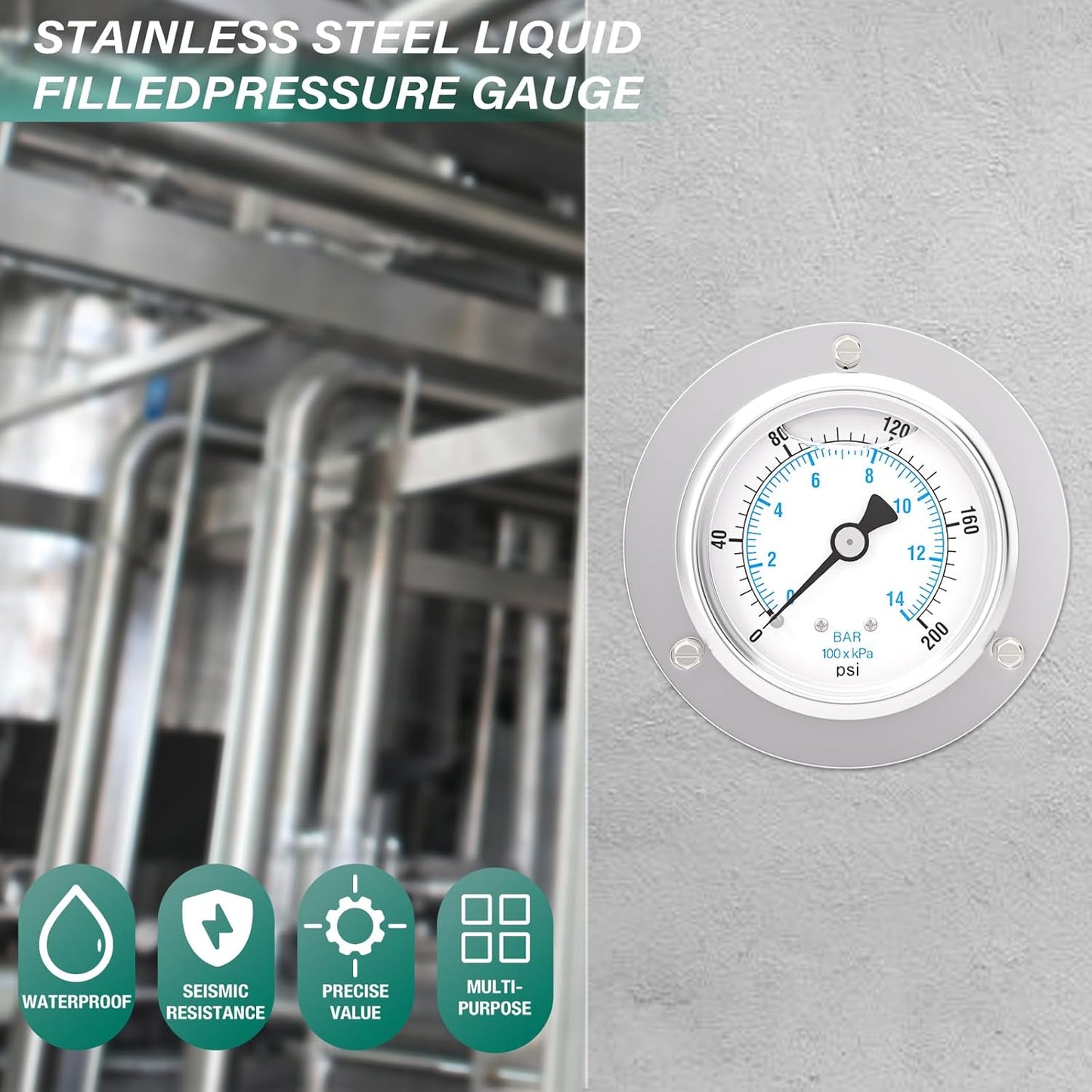0-200PSI Panel Mount Front Flanged Glycerin Filled Pressure Gauge, 2.5" Dial Size, 1/4" MNPT Back Mount, Stainless Steel Case, with Phillips Screw and Nut, for Water, Gas, Liquid Pressure