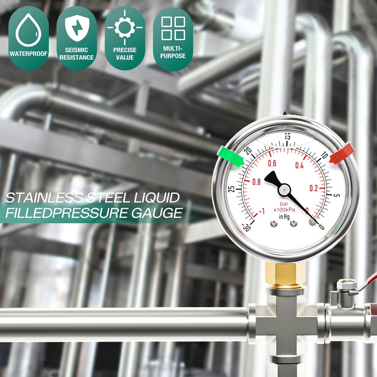 '-30inHG~0Psi Stainless Steel Liquid Filled Pressure Gauge, 2.5" Dial Size, 1/8" NPT Lower Mount, for Tube, Water Pump, Gas, Liquid, Pressure Test (with Range Mark Pointer)