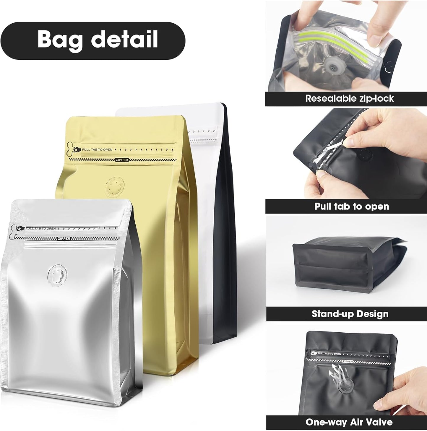 Coffee Bags with Valve(60pcs,8 oz,1/2 lb) Vented Coffee Beans Packaging Bags High Barrier Aluminumed Foil Flat Bottom Heat Sealed Side Zipper Resealable Storage Bag for Home or Business(White+Green)
