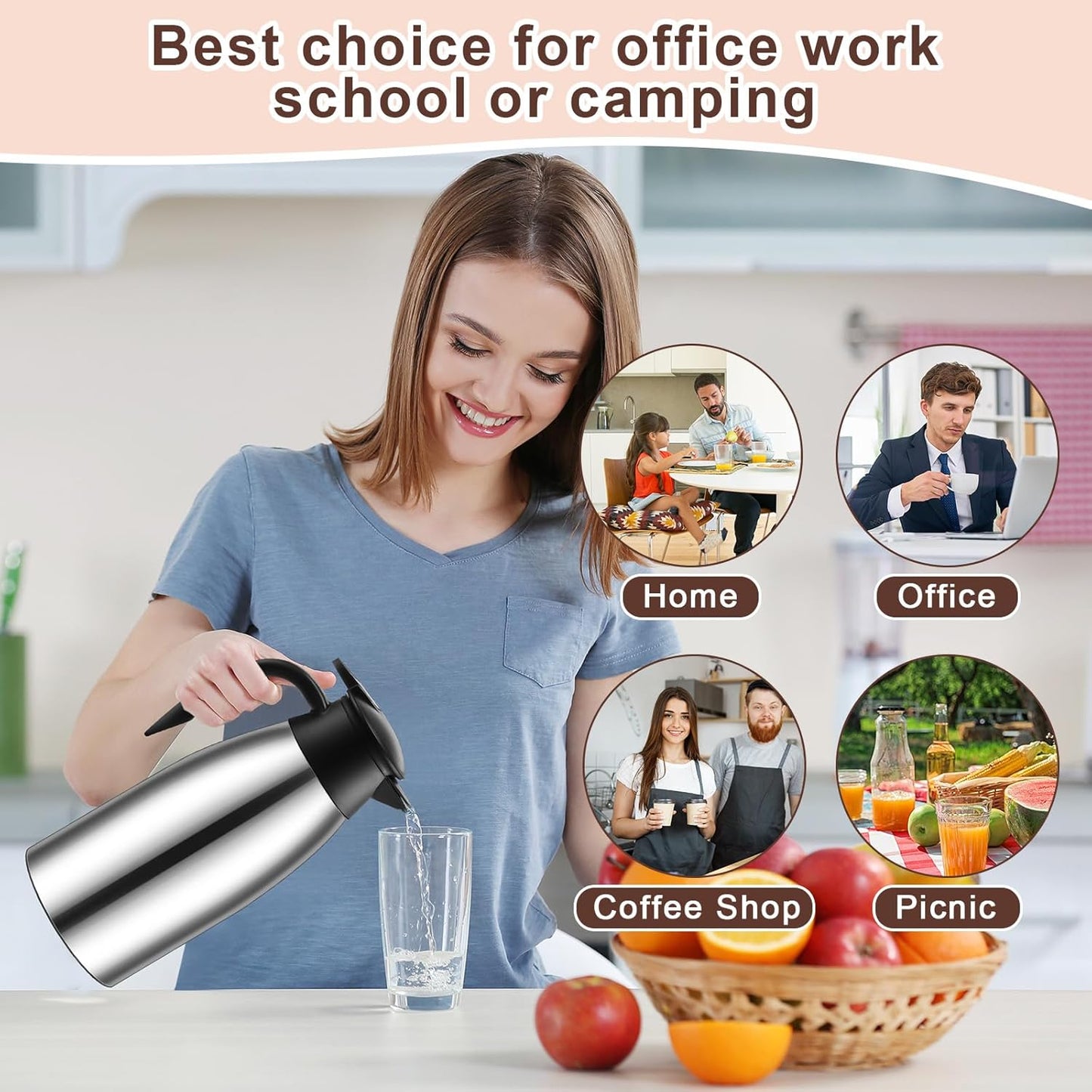 Norme 2 Pcs Thermal Coffee Carafe Insulated Stainless Steel Coffee Carafe for Hot Liquid Vacuum Thermal Pot Creamer Pitcher Dispenser with Brushes Keeping Hot Water Milk(Silver,51 oz)