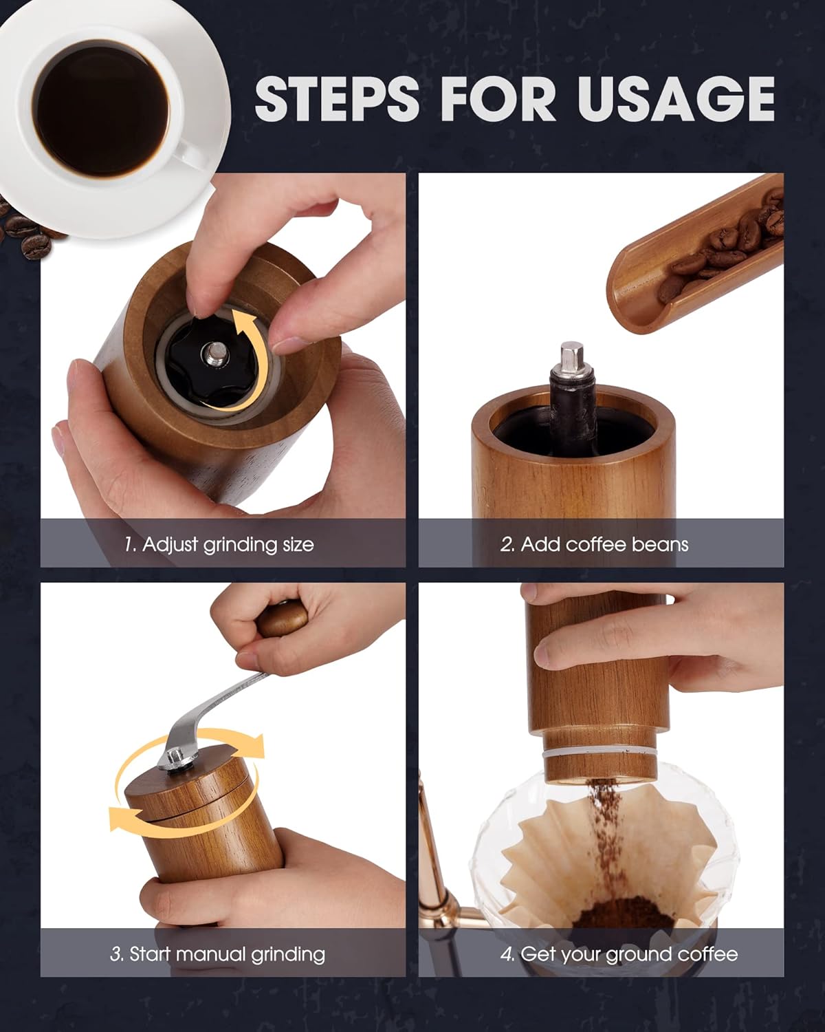 POLIVIAR Manual Coffee Grinder, Coffee Bean Grinder with Adjustable Ceramic Burr, Vintage Style Wooden Hand Coffee Grinder, Portable Burr Coffee Grinder with Brush and Spoon (JX2022-CG10)