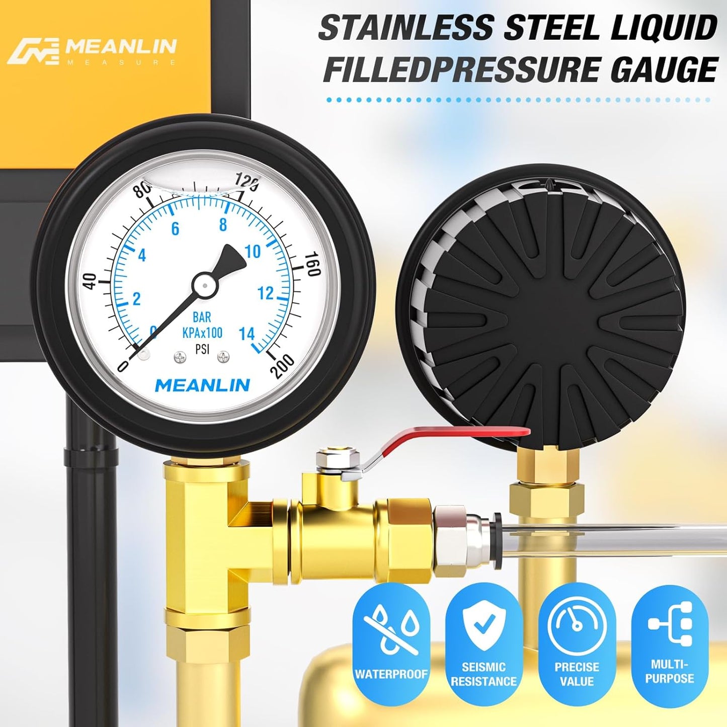 MEANLIN MEASURE 0~200Psi Stainless Steel Liquid Filled Pressure Gauge 1/4" NPT 2.5" FACE DIAL with Rubber Protective Sleeve, Lower Mount
