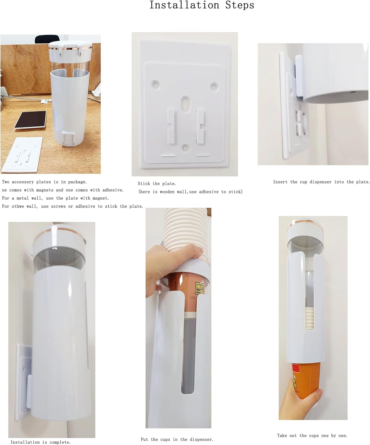Coffee Machine or Water Dispenser Wall Mounted Disposable Cup Dispenser,fits 3 to 8 oz Paper or Plastic Cup Organizer,Including Magnetic Plate Cup Rack (M for 3-8 oz Cups)