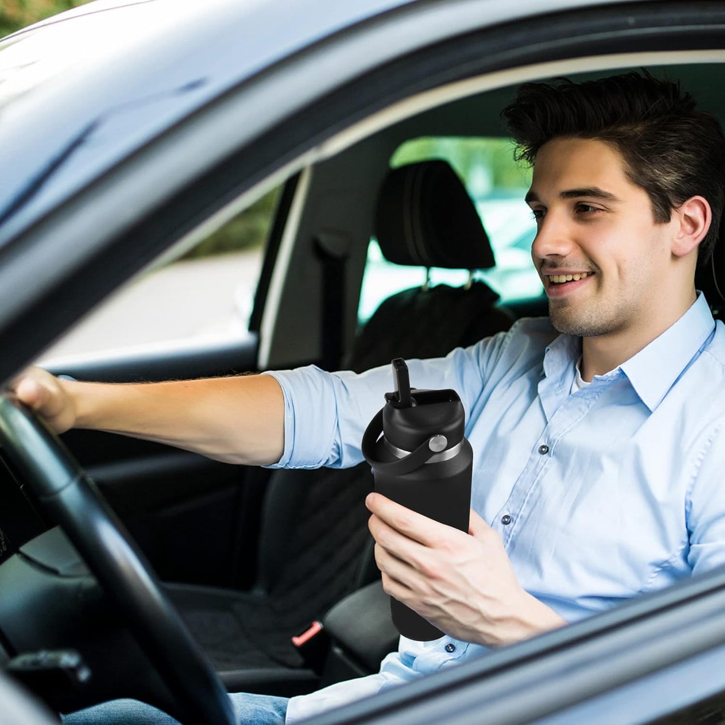 HYDROWION Water Bottle Insulated (Cold 48 hrs, Hot 24 hrs) 40 oz Stainless Steel Water Tumbler with Leak Proof Straw Lid, Spout Lid and Flex Cap,Double Wall Travel Tumbler Cup, Black&Grey