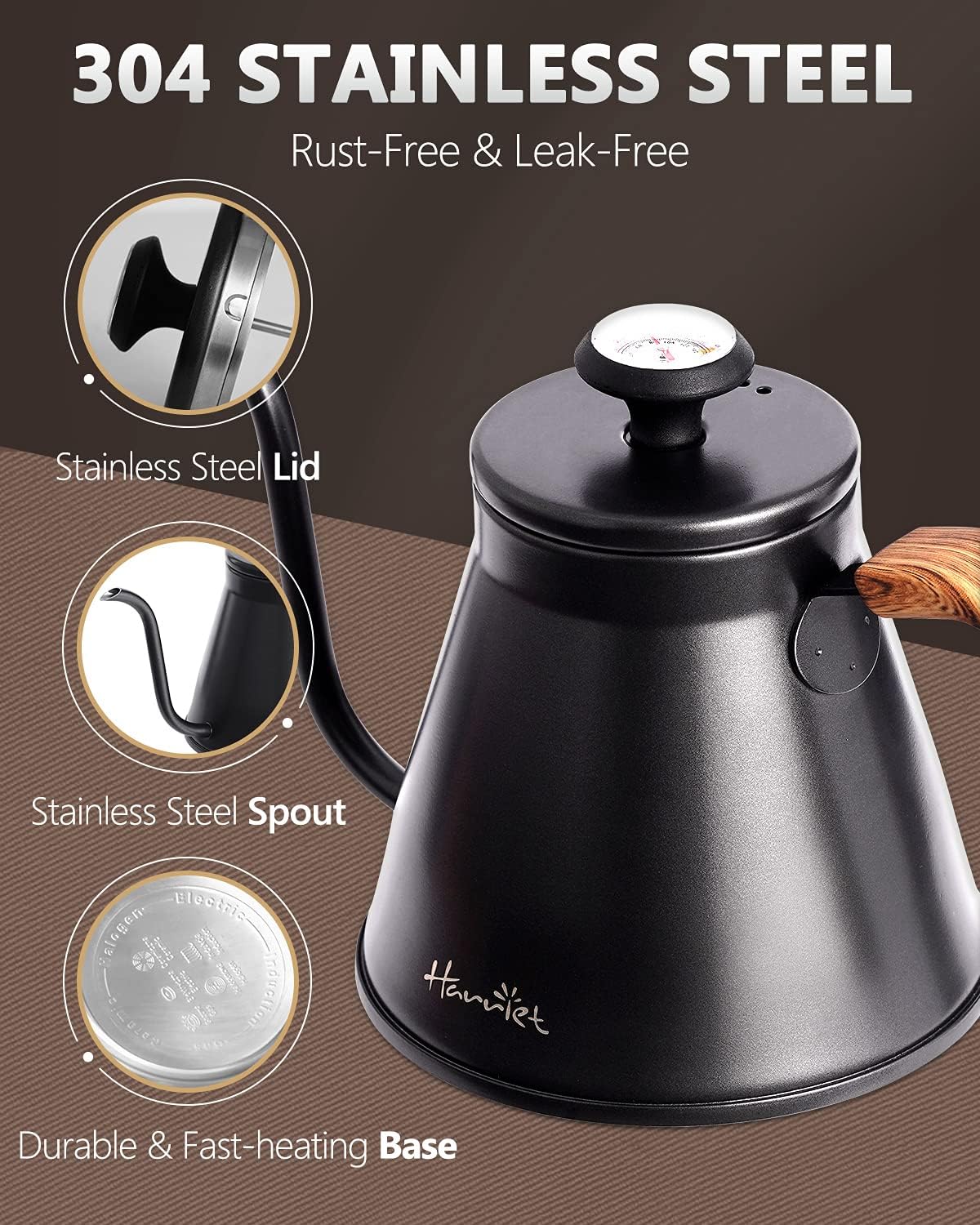 Harriet Gooseneck Kettle with Thermometer for Pour Over Coffee and Tea, 37 fl oz, Stainless Steel, Durable 3-Layer Base, Ideal Spout for Precision Pouring, Compatible with all Stove Tops, Black