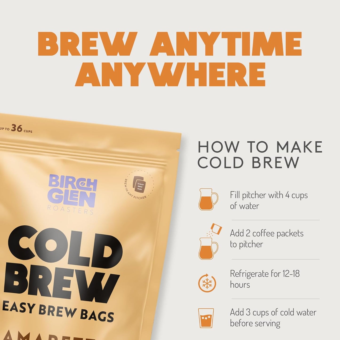 Birch Glen Roasters Cold Brew Coffee Bags - 12 Pack of Coarse Ground Coffee Filter Pitcher Packs for Easy Brewing - 100% Arabica - Yields 6 Pitchers - Hazelnut Flavor