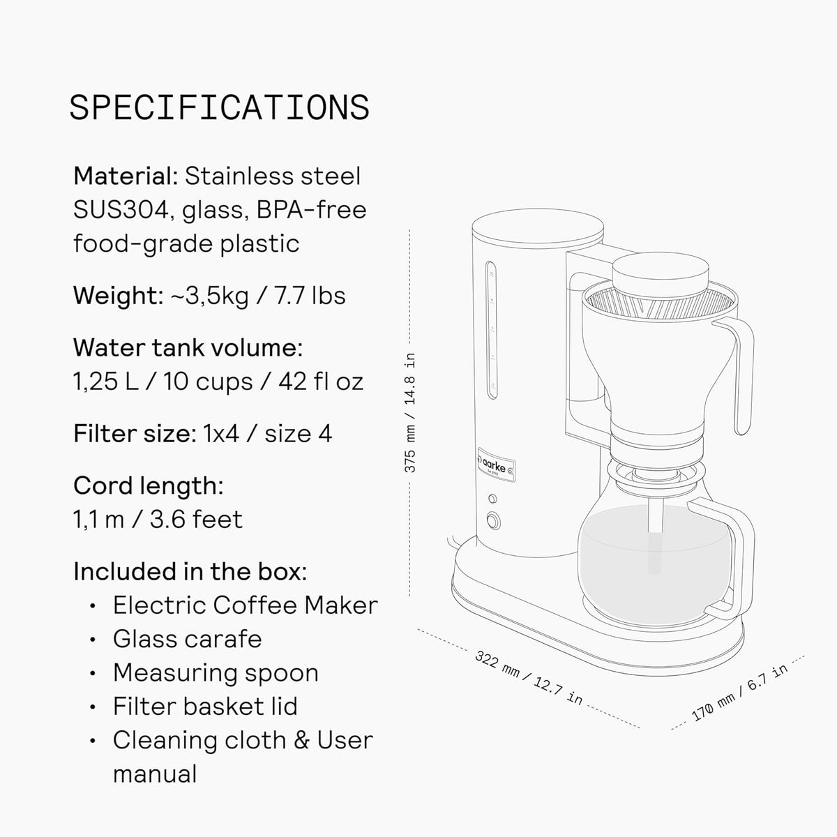 aarke Coffee Maker - Electric Drip Brewer with Automatic Drip-Stop, SCA-certified, Stainless Steel with 10 Cup/ 42 fl oz, Glass Carafe, Brews Full Pot in Under 6 Minutes