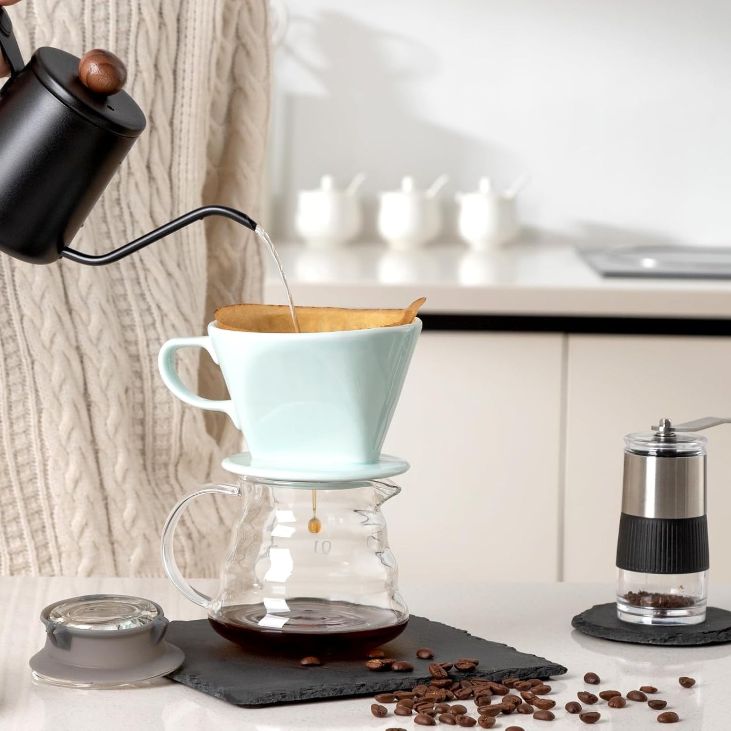 Pour Over Ceramic - Coffee Dripper Ceramic Coffee Maker with 3 Holes Flat Bottom, Porcelain Slow Filter Cone for Travel, Camping, Office, Home, Coffee Maker Brew…