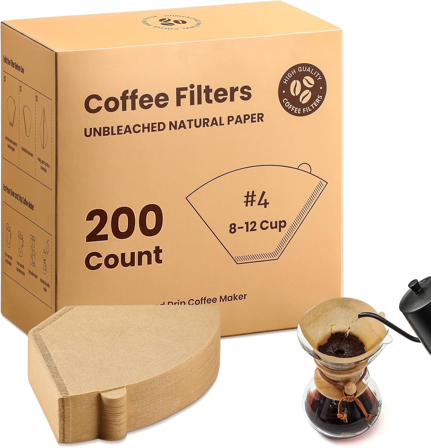 4 Cone Coffee Filters 8-12 Cup, 200 Count Unbleached Natural Coffee P –  Café Cravings