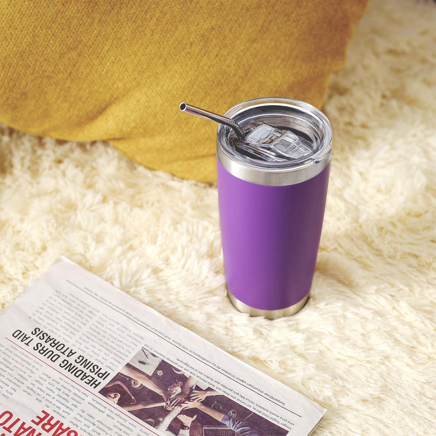COMOOO 20oz Double Wall Vacuum Insulated Travel Mug, Stainless Steel Tumbler with Lid and Straw for Women Durable Powder Coated Insulated Coffee Cup for Cold & Hot Drinks(Purple, 1 Pack)