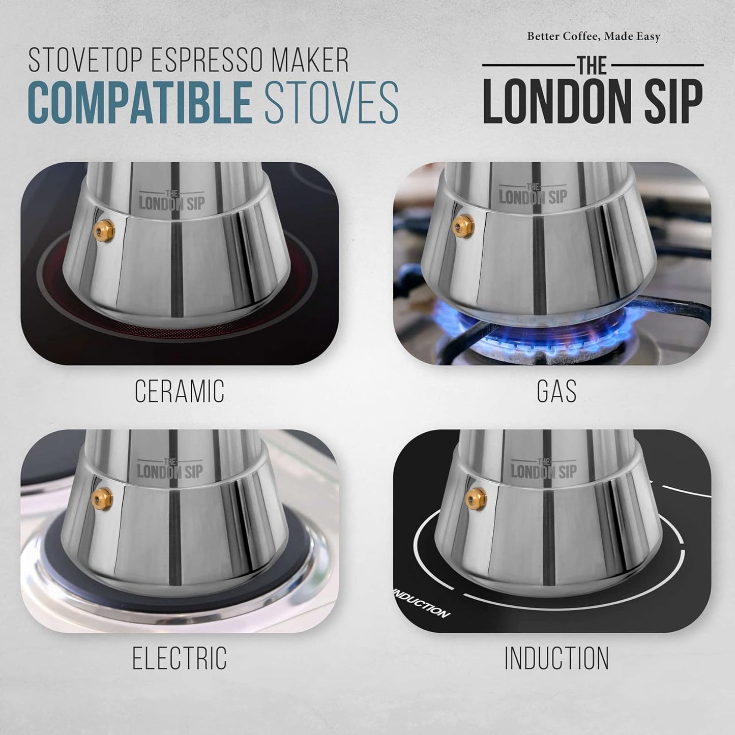 London Sip Stainless Steel Stovetop Espresso Maker Moka Pot Italian Coffee Percolator, Copper, Large (16.9 oz)