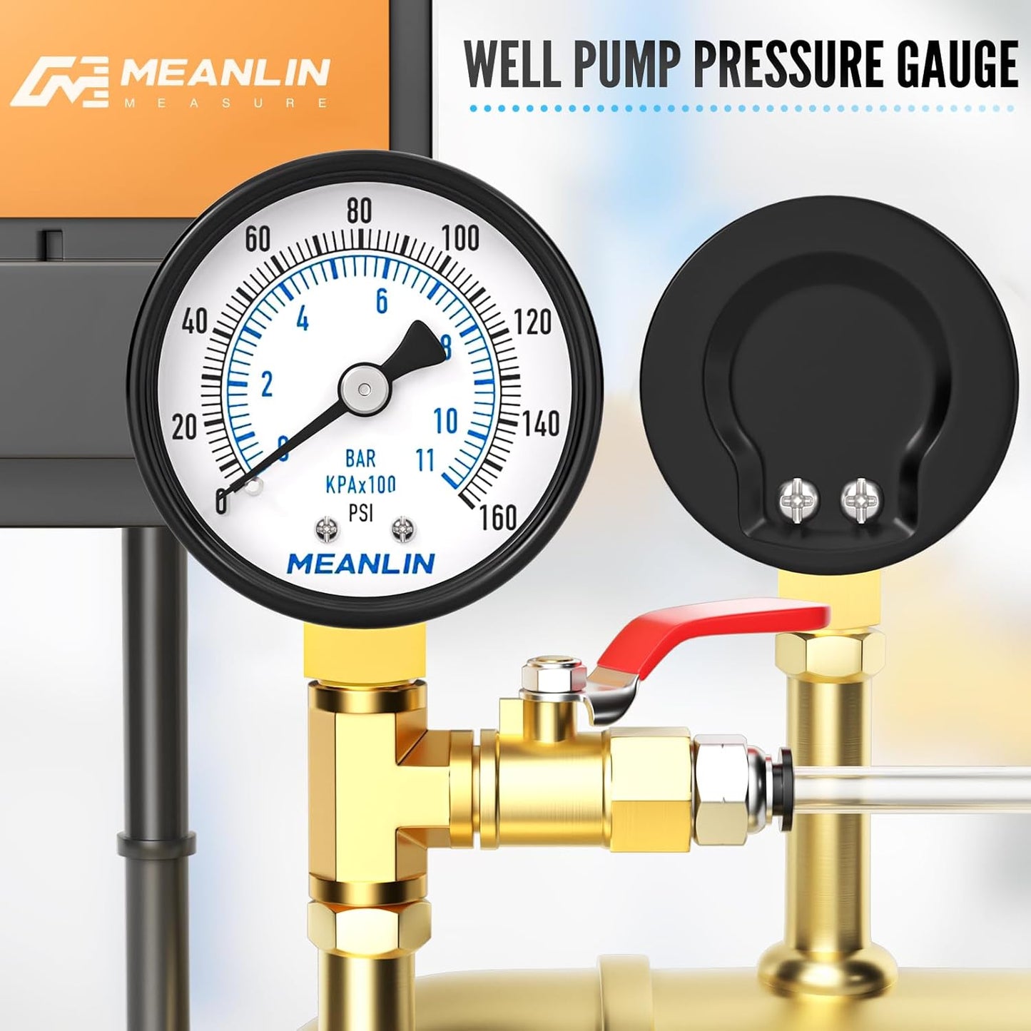 MEANLIN MEASURE 0-160Psi 2" DIAL FACE 1/8" NPT Well Pump Pressure Gauge, with 1/4" NPT and 3/8" NPT Hex Bushing, 3-2-3% Accuracy, Lower Mount