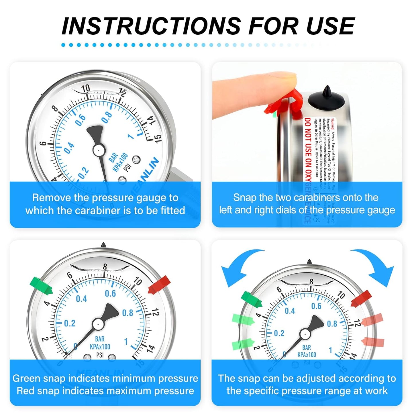 MEANLIN MEASURE 0~15Psi Stainless Steel Liquid Filled Pressure Gauge 2.5" FACE DIAL 1/4" NPT for Water Oil Air Well Pump Tank Tire Pressure Test Lower Mount with Stainless Steel Hex Bushing and Snaps