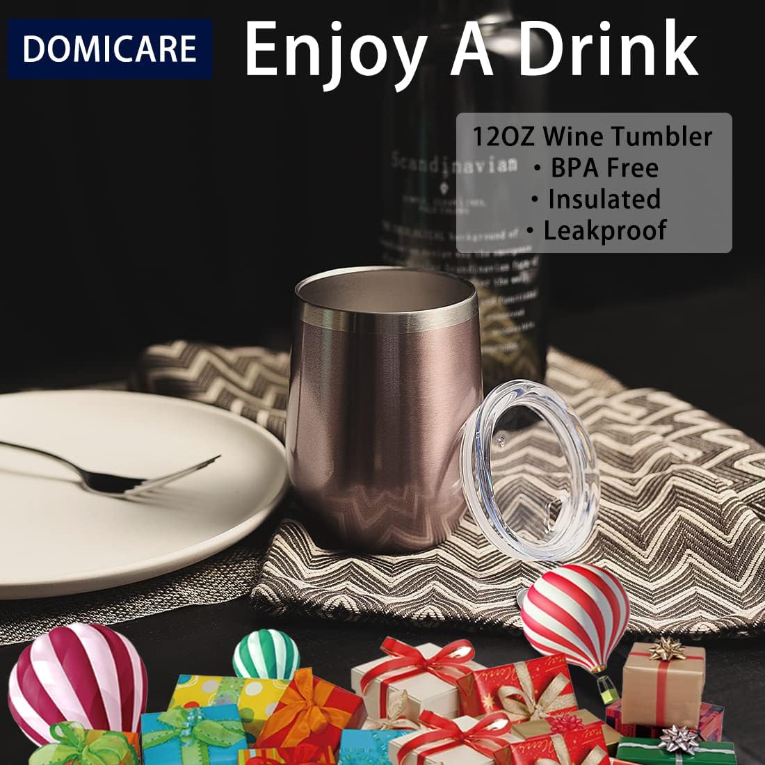 DOMICARE Stainless Steel Wine Tumbler Bulk with Lid, Personalized Rose Gold Insulated Tumblers Set, 12oz Travel Coffee Cups Pack of 4