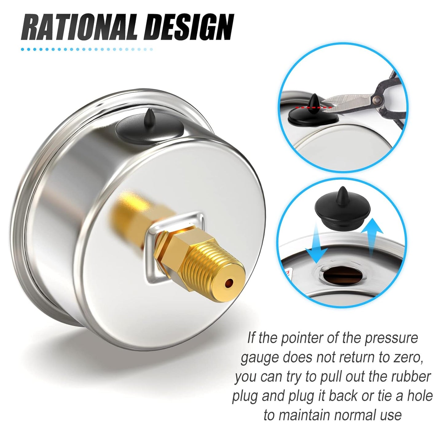MEANLIN MEASURE 0~60Psi Stainless Steel 1/4" NPT 2.5" Single Scale FACE DIAL, Glycerin Filled Pressure Gauge, Pool Sand Filter, Back Mount, with 1/4" x 1/2" NPT and 1/4" x 3/8" NPT Hex Bushing