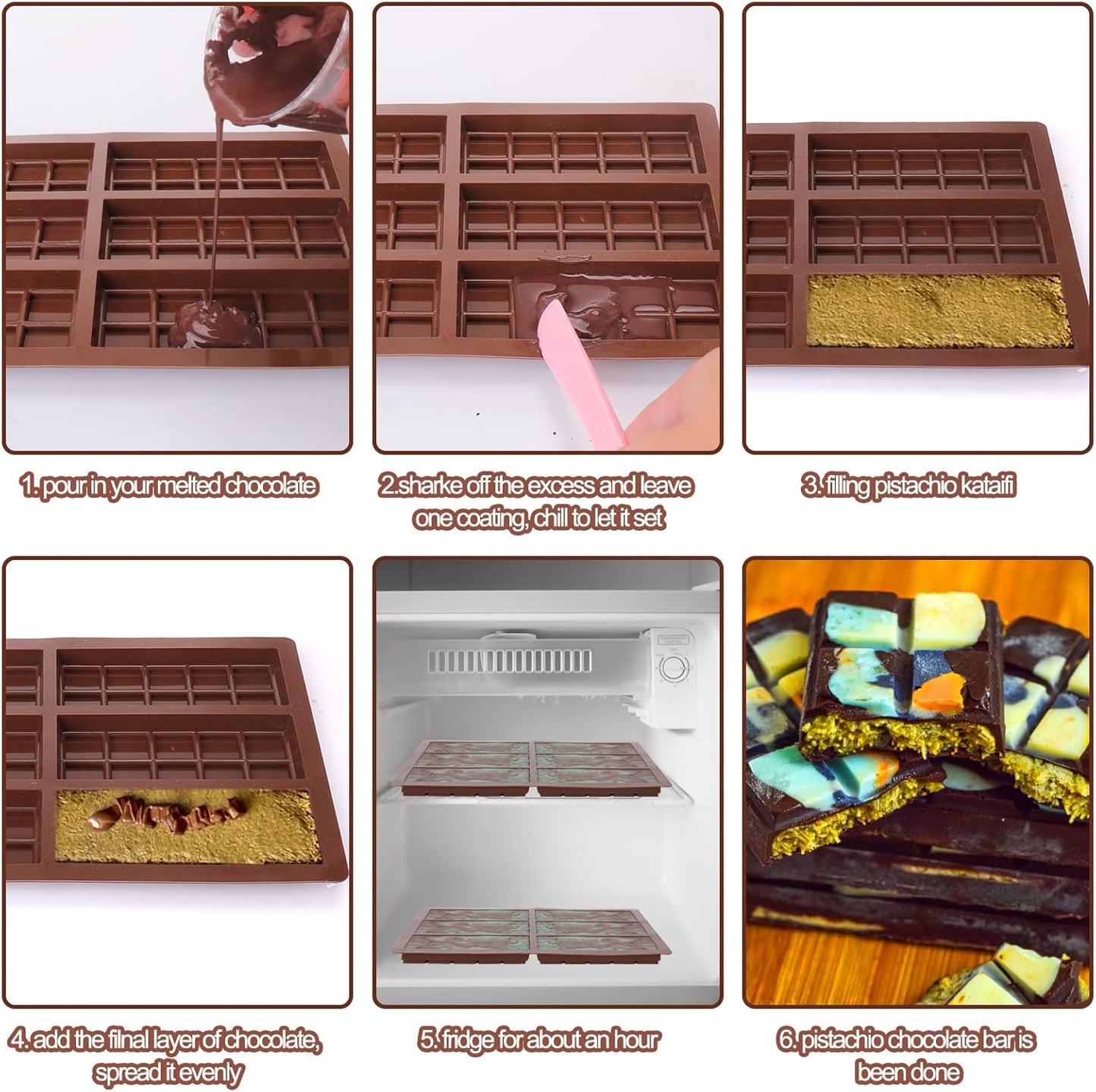 Mity rain Chocolate Bar Mold Deep, Silicone Thick Chocolate Bar Mold for Stuffed Bar, Square Knafeh Pistachio Chocolate Bar Break Apart Candy Bar Molds with 100pcs Storage Bags