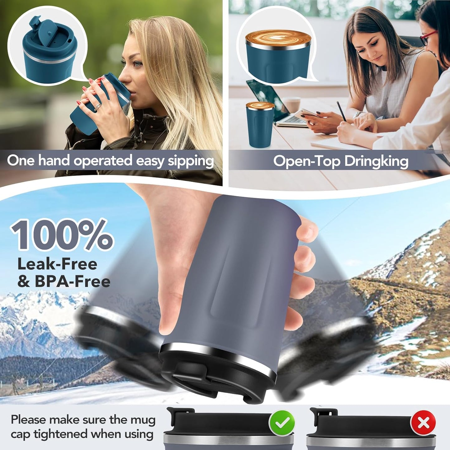Volhoply 12 oz Double Wall Insulated Vacuum Travel Coffee Mug with Flip Lid Bulk 8 Pack,Reusable Stainless Steel Leak Proof Coffee Cup,Portable Cafe Thermal Tumblers for Hot & Cold Drinks(Gray,8 Set)