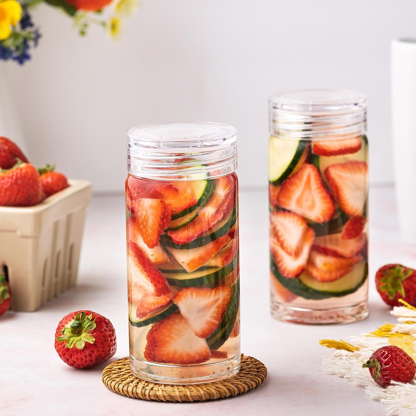 Glass Water Bottles - 4 Pack Wide Mouth Juice Bottles with Clear Lids for Juicing, Smoothies, Fruit Water, Teas, Beverage Storage - 10oz, Leakproof, Reusable, Borosilicate