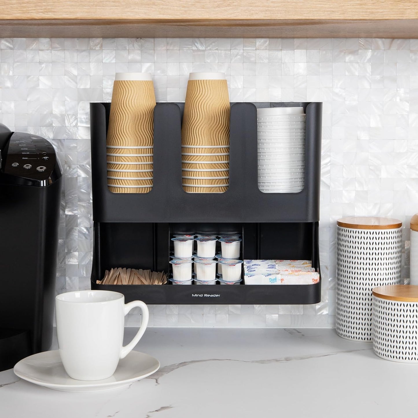 Mind Reader 6 Compartment Upright Breakroom Coffee Condiment and Cup Storage Organizer, Black
