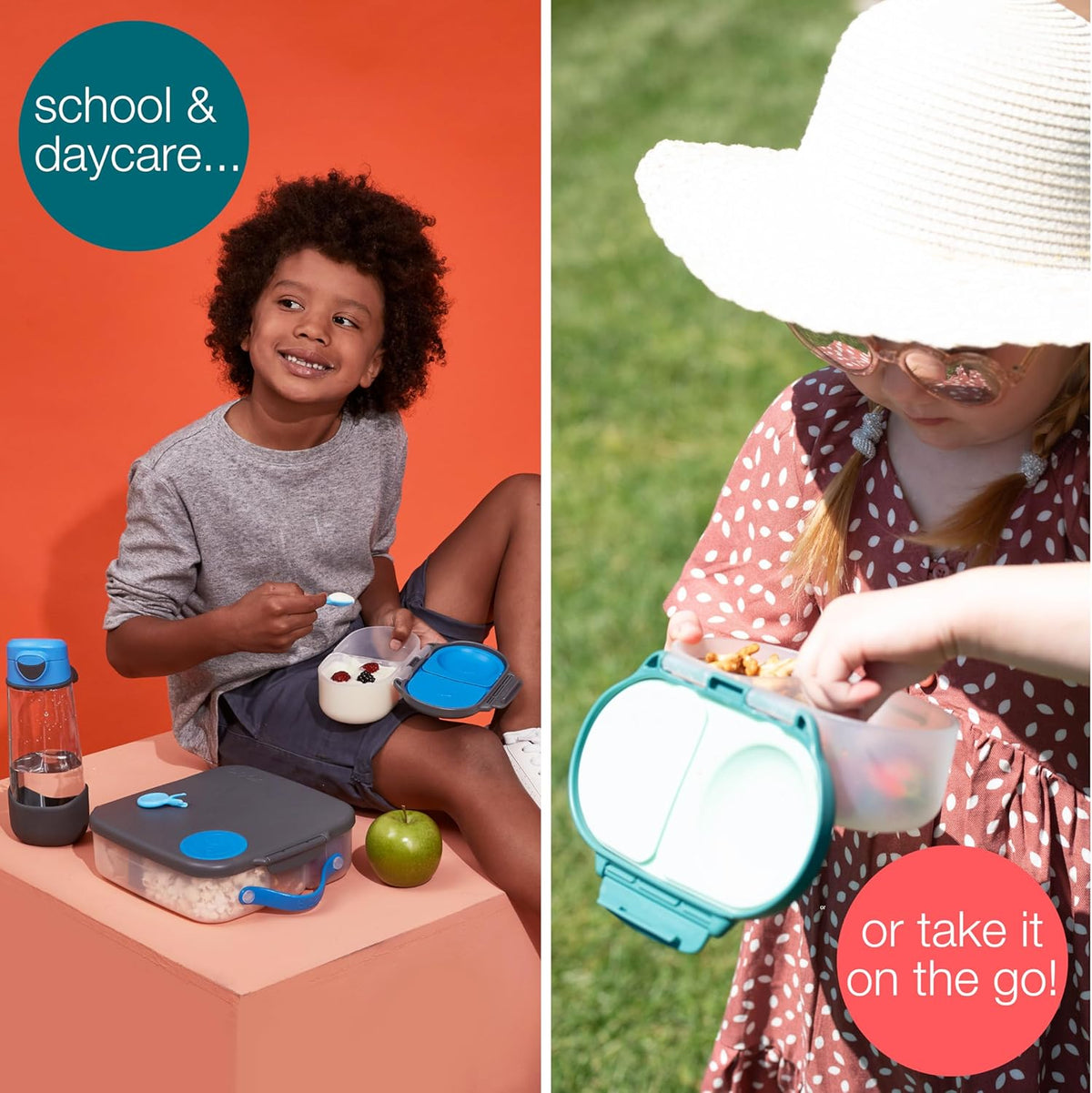 b.box Snack Box for Kids & Toddlers: 2 Compartment Snack Containers, Mini Bento Box, Lunch Box. Leak Proof, BPA free, Dishwasher safe. School Supplies. Ages 4 months+ (Blue Slate, 12oz capacity)