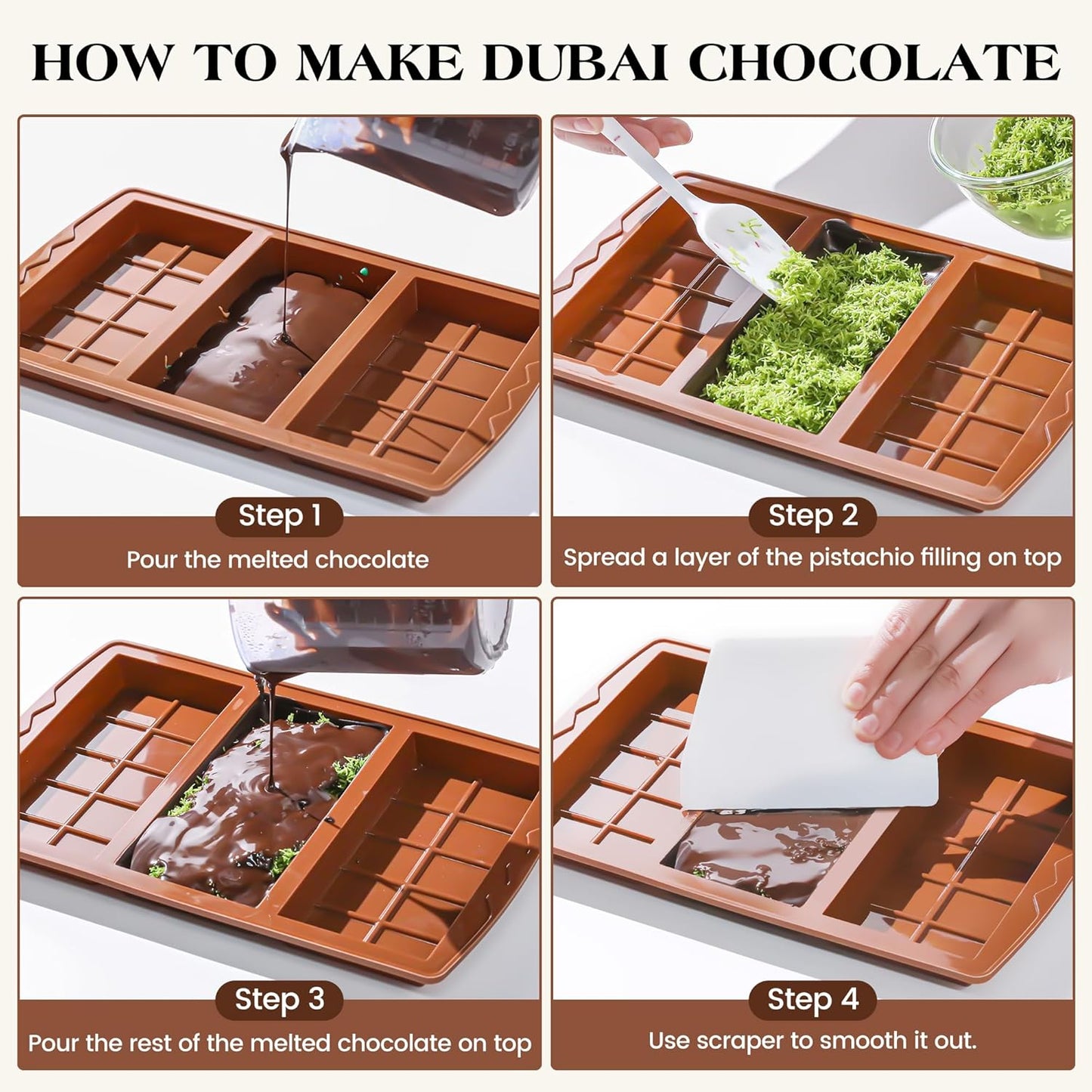 2 Pcs Chocolate Bar Mold Deep Dubai 0.85 Inch Stuffed Chocolate Molds Silicone Large Break Apart Silicone Molds (10 Snap + Pyramid)