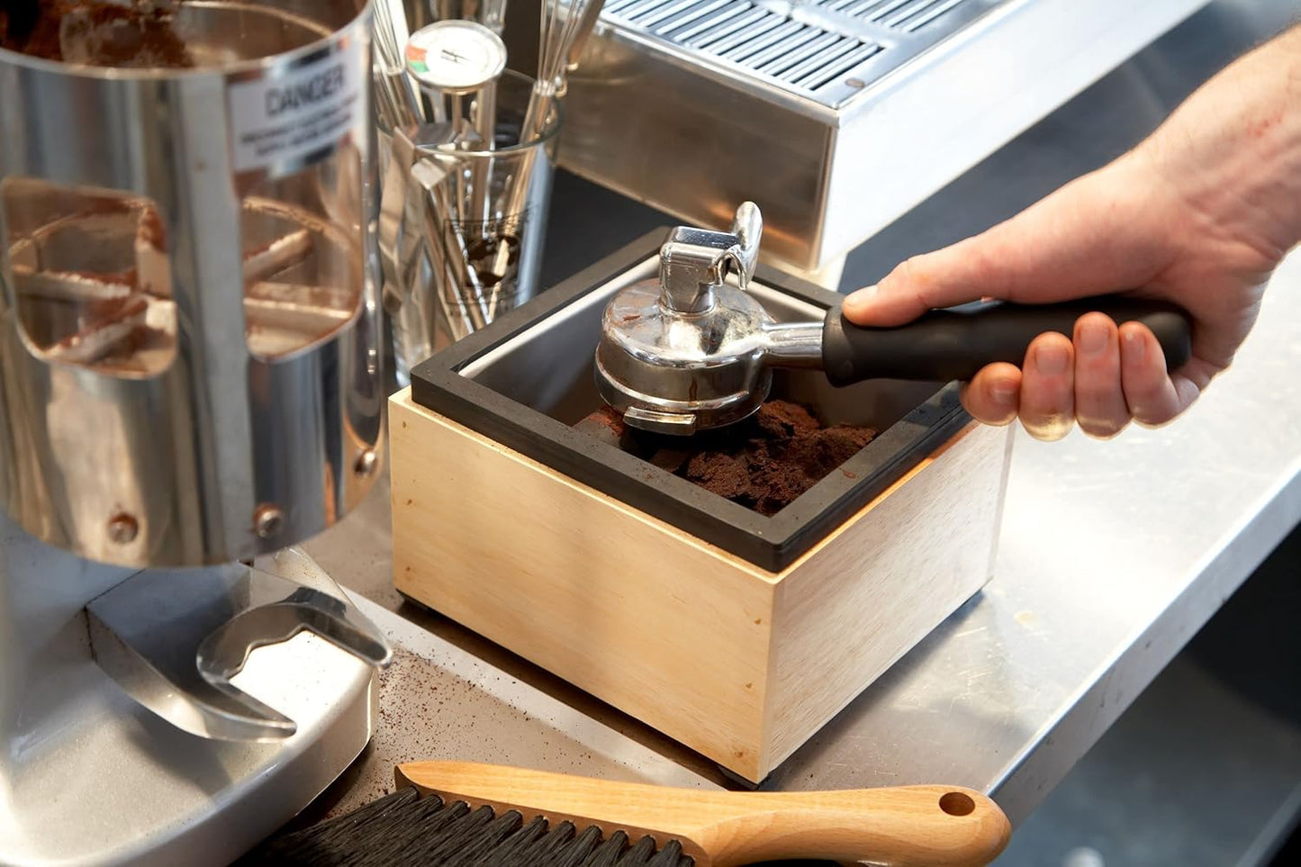 Rattleware Stainless Steel Knock Box with Maple Holder β Heavy-Duty Espresso Knock Bin, Perfect Coffee Bar Accessories, Durable Barista Accessory, Easy to Clean Grounds Container